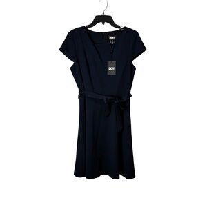 DKNY cap sleeve belted dress navy size 10 NEW classic workwear